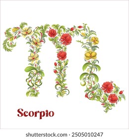 Scorpio. Zodiac sign stylized in vector. Petrikovka, flowers