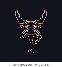 Scorpio zodiac sign and symbol golden contour on dark background. Astrology Horoscope zodiac icon scorpion insect silhouette vector illustration. Flat design Scorpio symbol isolated
