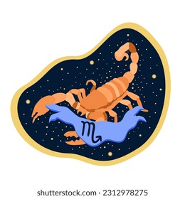 Scorpio. Zodiac sign. Vector isolated composition on dark blue background. Horoscope concept. Scorpion lying on the sand.