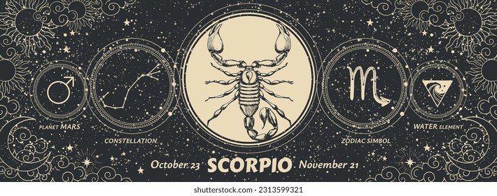 Scorpio zodiac sign, vintage banner with symbols, patterns and dates. Trendy black card with realistic hand drawing, astrology mystical vector illustration, horoscope, fortune telling