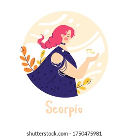 Signo de escorpio zodiaco. Agua. Carácter femenino y elemento de la astrología antigua. Estilo moderno y plano. Aislado sobre fondo blanco