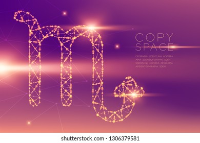 Scorpio Zodiac sign wireframe polygon futuristic bokeh light frame structure and lens flare, Fortune teller concept design illustration isolated on purple gradients background with copy space