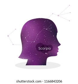 Scorpio zodiac sign. Woman portrait in profile. Horoscope symbol, linear constellation. Star universe texture. Vector illustration