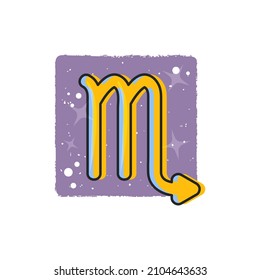 Scorpio - Zodiac signs. Yellow cartoon symbol on purple background. Flat zodiac sign.