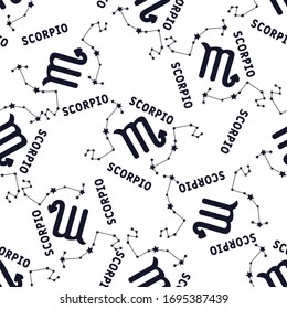 Estrella de zodiaco Scorpio sin fisuras. Repetir signo de Escorpio con estrellas en un fondo blanco.diseño textil, papel pintado, tela, decoración, ropa, rayado.