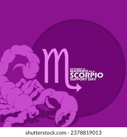 Scorpio zodiac symbol with bold text and scorpion on purple background to celebrate Married to a Scorpio Support Day on November 18