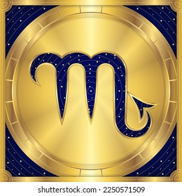 Scorpio Zodiac Symbol, Classic Luxury Golden Greek Meander, Stellar Star Sign, Horoscope Astrology Fortune-Telling and Future Prediction, Element Badge Icon Vector Design Illustration.