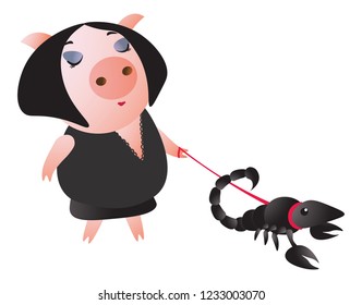 Scorpio. Zodiac symbol. A cute piggy leads a scorpion on a leash. Chinese horoscope symbol 2019. Isolated on transparent background. Excellent for the design of postcards, posters, stickers etc.