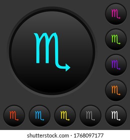 Scorpio zodiac symbol dark push buttons with vivid color icons on dark grey background