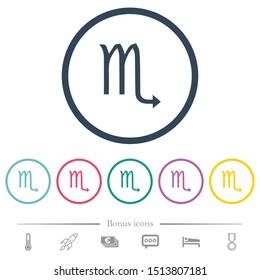 Scorpio zodiac symbol flat color icons in round outlines. 6 bonus icons included.