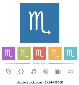 Scorpio zodiac symbol flat white icons in square backgrounds. 6 bonus icons included.