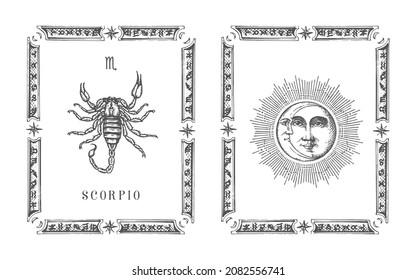 Scorpio zodiac symbol in frame, drawn horoscope card in engraving style. Vintage illustration of astrological sign with Sun and Crescent in vector.