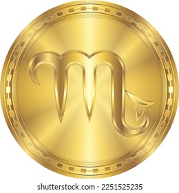 Scorpio Zodiac Symbol Glowing Metal Round Gold Coin Digital Currency Icon Isolated on White Background Vector Illustration for Horoscope, Astrology.