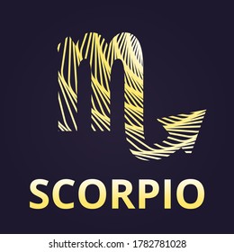 Scorpio zodiac symbol, gold icon with inscription. Horoscope. Vector illustration