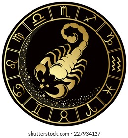 Scorpio Zodiac symbol in the Golden round frame. Vector illustration.