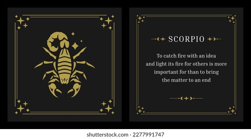 Scorpio zodiac symbol horoscope lunar calendar future prediction vintage card design template set vector illustration. Scorpion astrology constellation poisonous amphibian sign fortune description