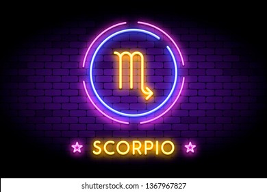 The Scorpio zodiac symbol, horoscope sign in trendy neon style on a wall. Scorpio astrology sign with light effects for web or print.