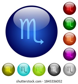 Scorpio zodiac symbol icons on round glass buttons in multiple colors. Arranged layer structure