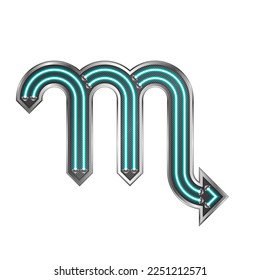Scorpio Zodiac Symbol Neon Light Glow Silver Metallic Letter Glyph Alphabet Horoscope, Astrology Icon Isolated on White Background.