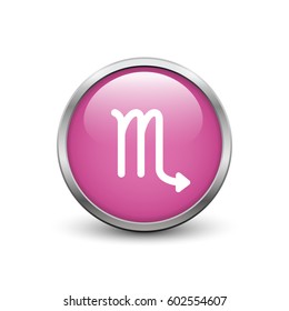 Scorpio zodiac symbol, pink button with metal frame and shadow