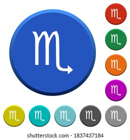 Scorpio zodiac symbol round color beveled buttons with smooth surfaces and flat white icons