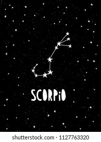 Scorpio Zodiac Symbol Vector Card. Simple Hand Drawn Zodiac Vector Illustration.Scorpio Sign on a Starry Black Background. Black and White Childish Style Dark Night Design. Grunge Night Sky Vector Art