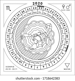 Scorpio zodiacal coloring book with caledar 2020. Vector astrological illustration