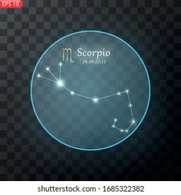 Scorpio Zodiacal constellation with bright stars. Star sign and dates of birth on deep space background. vector illustration.
