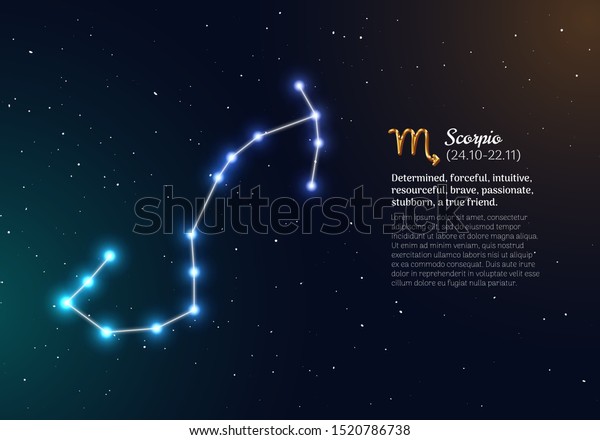 Scorpio zodiacal constellation with bright\
stars. Scorpio star sign and dates of birth on deep space\
background. Astrology horoscope with unique positive people\
personality traits vector\
illustration.