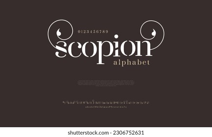 Alfabeto de tipos de letra del logotipo de tecnología digital abstracta Scorpion. Fuentes urbanas modernas mínimas para logotipo, marca, etc. Tipografía tipo de letra mayúsculas minúsculas y número. ilustración vectorial