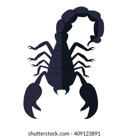Scorpion animal isolated on white background. Deadly poisonous black scorpion with a sharp tip and strong powerful claws on backdrop. Sign of the zodiac astrological symbol. Vector illustration