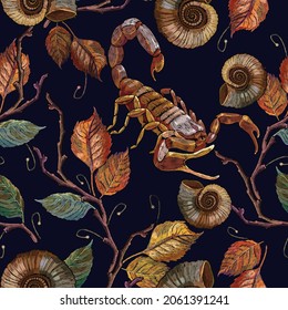 Scorpion and autumn leaves. Seamless pattern. Fall gothic garden art. Halloween style. Embroidery. Dark fairy tale template for clothes, t-shirt design