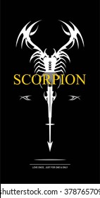 scorpion in black and white. scorpion with the arrow tail. stylized scorpion combine with text.labelled scorpion.Suitable for your product identity, emblem, illustration for automotive, apparel, etc. 