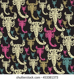 Scorpion colourful seamless vector pattern on black background. Realistic engraved style.