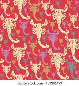 Scorpion colourful seamless vector pattern on red background. Realistic engraved style.