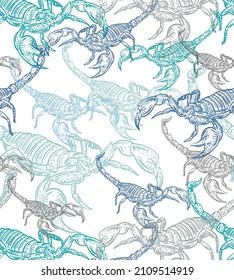Scorpion hand drawing sketch pattern seamless. linear terrestrial arachnid background. Vector texture