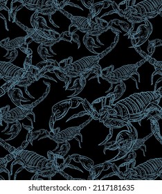 Scorpion hand drawing sketch pattern seamless. linear terrestrial arachnid background. Vector texture