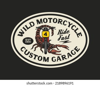 Scorpion Hand Drawn Vintage style of Motorcycle and garage logo badge