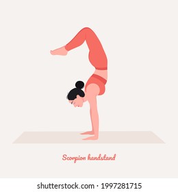 Scorpion handstand Yoga pose. Young woman practicing yoga  exercise. Woman workout fitness, aerobic and exercises. Vector Illustration.