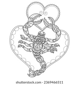 Scorpion and heart hand drawn for adult coloring book