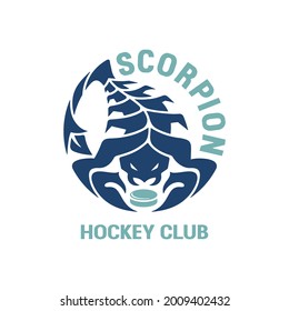 Scorpion hockey club round logo. Blue sign, symbol, badge of a sports team on a white background. Vector illustration.