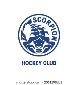 Scorpion hockey club round logo. Blue sign, symbol, badge of a sports team on a white background. Vector illustration.