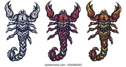 Scorpion. Insects. Old school tattoo vector art. Hand drawn cartoon character set. Isolated on white. Traditional tattooing style