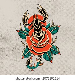 scorpion king artwork with red rose flower vector design 