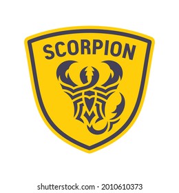 Scorpion logo and word on the shield on white background. Brutal symbol, badge, identity for a sports team or security company. Black and yellow colors. Flat style. Vector illustration.