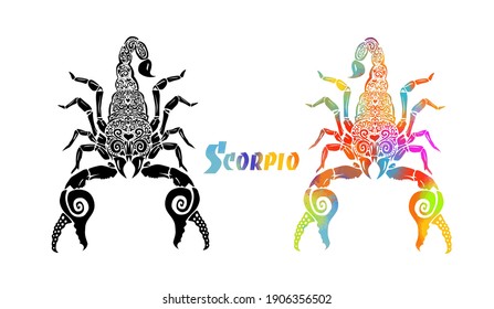 Scorpion of multicolored patterns. T-shirt print. Scorpio zodiac sign. Mixed media. Vector illustration