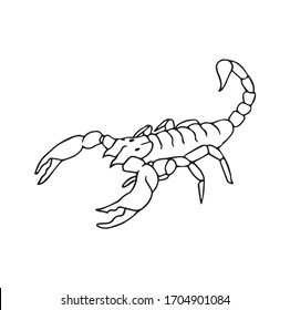 Scorpion outline hand drawn illustration. Dangerous bug with poison sting on hit tail, logo drawing image. Wild animal cartoon sketch. Arthropod with tongs simple graphic.