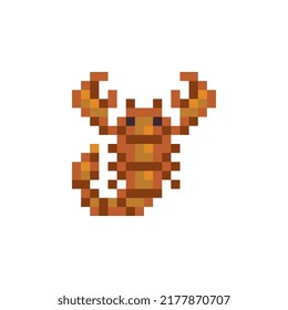 Icono de insecto de arte de píxel de escorpión, ilustración vectorial aislada de fallo. Diseño de elementos para pegatinas, bordado, aplicación móvil. Sprite de videojuegos. 