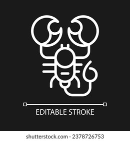 Scorpion pixel perfect white linear icon for dark theme. Scorpio zodiac animal. Horoscope sign. Thin line illustration. Isolated symbol for night mode. Editable stroke. Arial font used