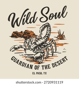 Un escorpión se coloca en un terreno arenoso cerca de rocas y plantas del desierto. Esta escena captura la belleza escarpada del desierto de El Paso y su vida silvestre al anochecer.